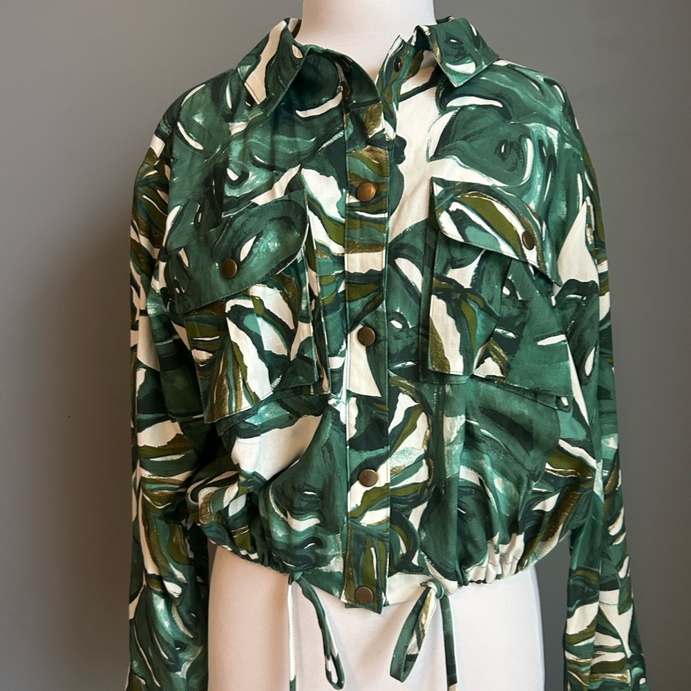 Anthropologie Green Leaf Print Button-Up Jacket by Hutch